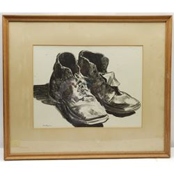 Max Rayton (Australian 20th century): Tough as Old Boots, charcoal signed, dated '46 on exhibition label verso 34cm x 46cm 
Provenance: exh. Royal South Australian Society of Arts, September 1946, label verso