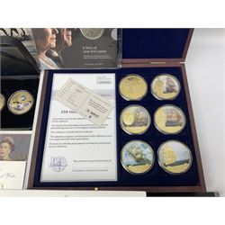 Great British and World coins to include Queen Elizabeth II 2017 ‘The Platinum Wedding Anniversary’ fine silver twenty pound coin in card folder, 2020 Isle of Man ‘Peter Pan’ fifty pence collection, first day covers, commemoratives etc, in display cases, folders and loose 