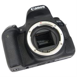 Canon EOS 77D camera body serial no. 193071005589, with a Canon EFS 18-200mm f/3 5-5.6 IS lens and a Sigma 10-20mm F4-5.6 EX DC lens, Canon extension tube, three Canon lens hoods, all boxed, with a Lowepro camera bag
