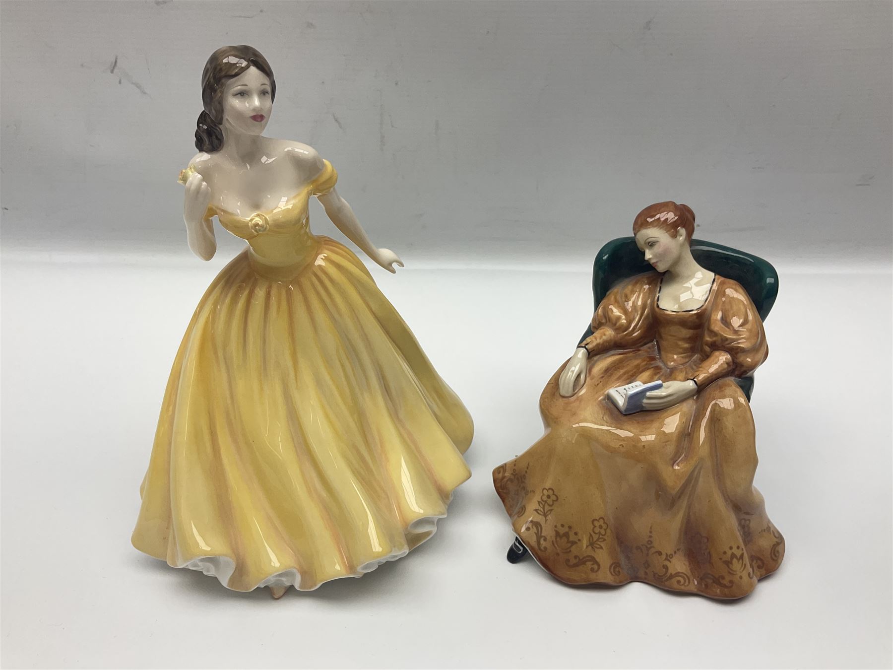 Six Royal Doulton figures, comprising Romance HN2430, Sarah HN3978, Rachel HN3976, Patricia HN3365, Elizabeth HN4426 and Reverie HN2306, all with printed mark beneath  