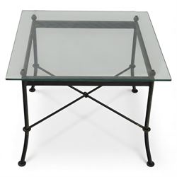 Modern metal and glass conservatory suite, comprising rectangular dining table with clear glass top and six matching metal framed chairs with upholstered seats, together with a matching glass topped coffee table
(Chairs H 92cm, W 42cm, Coffee table H 45cm, W 60cm)