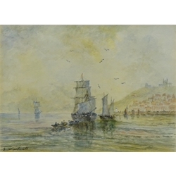 English School (19th/20th century): Sailing vessels outside Whitby Harbour, watercolour signed G Weatherill 16cm x 22cm