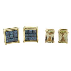 Pair of gold blue diamond square cluster stud earrings and a pair of gold prasiolite stud earrings, both stamped 10K