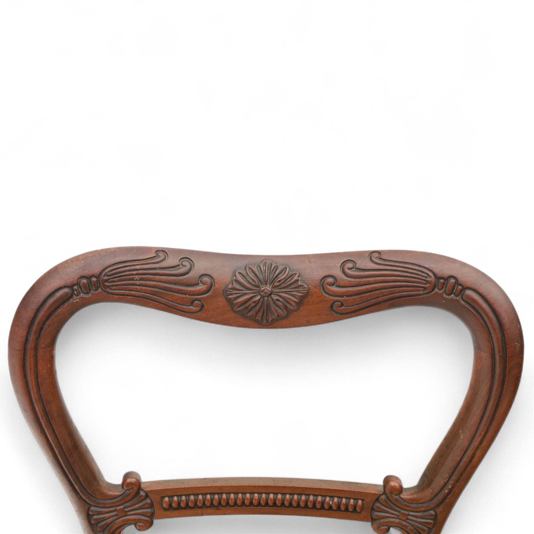 Gillows - Set of six mahogany dining chairs, each with curved top rail carved with floral medallion and scroll detail, fluted front supports, caned seats, the seat rail underside stamped HH identified as H. Howse an apprentice cabinetmaker at Gillows.