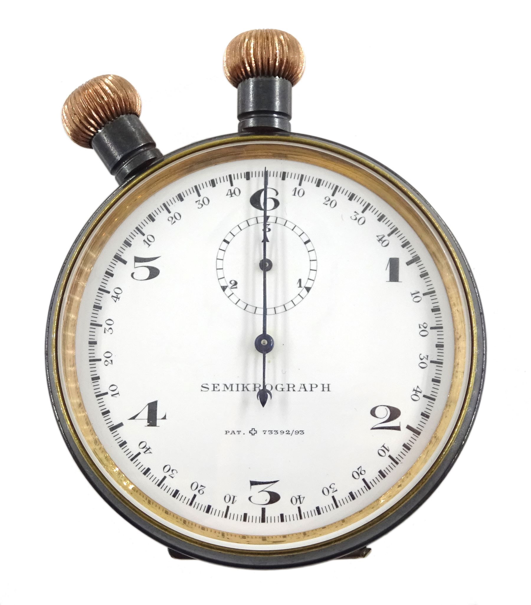 Semikrograph military gun metal 1/50 second stop watch, patent No.73392/93,  back case stamped E & M 1051, inner case stamped 83905, movement No. 6050