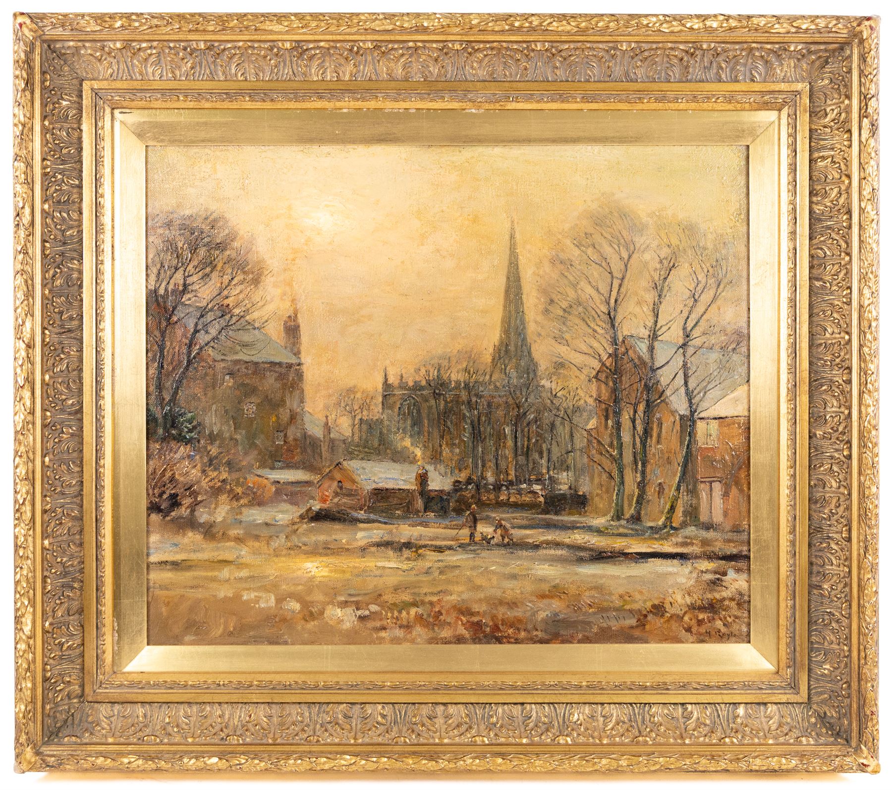 Herbert F Royle (British 1870-1958): 'Winter Sunset - Sefton', oil on canvas signed, titled verso 50cm x 60cm 
Notes: the church in the background is the Church of St Helen; to the left is Sefton Mill, now demolished, and the building to the right is now The Punchbowl pub.
