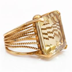 18ct gold citrine ring, single large octagonal cut citrine, with split rope twist design shoulders
