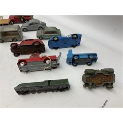Dinky/Corgi - twenty-nine unboxed and playworn die-cast models including Mobilgas Tanker, two BEV Trucks, Aveling-Barford steam roller, Coventry Climax fork-lift, Hudson Hornet, Vanguard, Post Office Telephones Van, Royal Mail Van etc