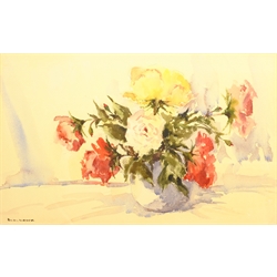 Bill Lowe (British 1922-2006): 'Mixed Roses' still life, watercolour signed, titled verso 31cm x 49cm