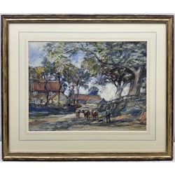 Rowland Henry Hill (Staithes Group 1873-1952): Farmer and his Dog Herding Cattle, watercolour and gouache signed and dated 1914, 34cm x 44cm