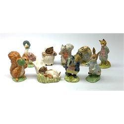 Five Beswick Beatrix Potter figurines, comprising Tommy Brock, Mrs Tiggy Winkle, Jemima Puddleduck, Foxy Whiskered Gentleman, and Squirrel Nutkin, together with four Royal Albert Beatrix Pottery figurines, Comprising Tommy Tiptoes, Benjamin Wakes Up, Peter Rabbit, and Mr Alderman Ptolemy. 