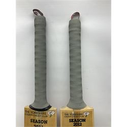 Two signed Yorkshire County cricket bats, from 2011 and 2012 seasons, bearing signatures including Adil Rashid, Andrew Gale, Ryan Sidebottom, Gary Ballance etc
