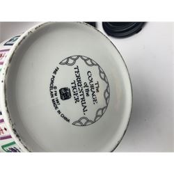 Franklin Mint Chinese style ceramics, comprising two vases, puppy and a planter, all on wooden stands