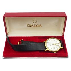 Omega Geneve gentleman's automatic gold-plated wristwatch, with date aperture, on black leather strap, boxed