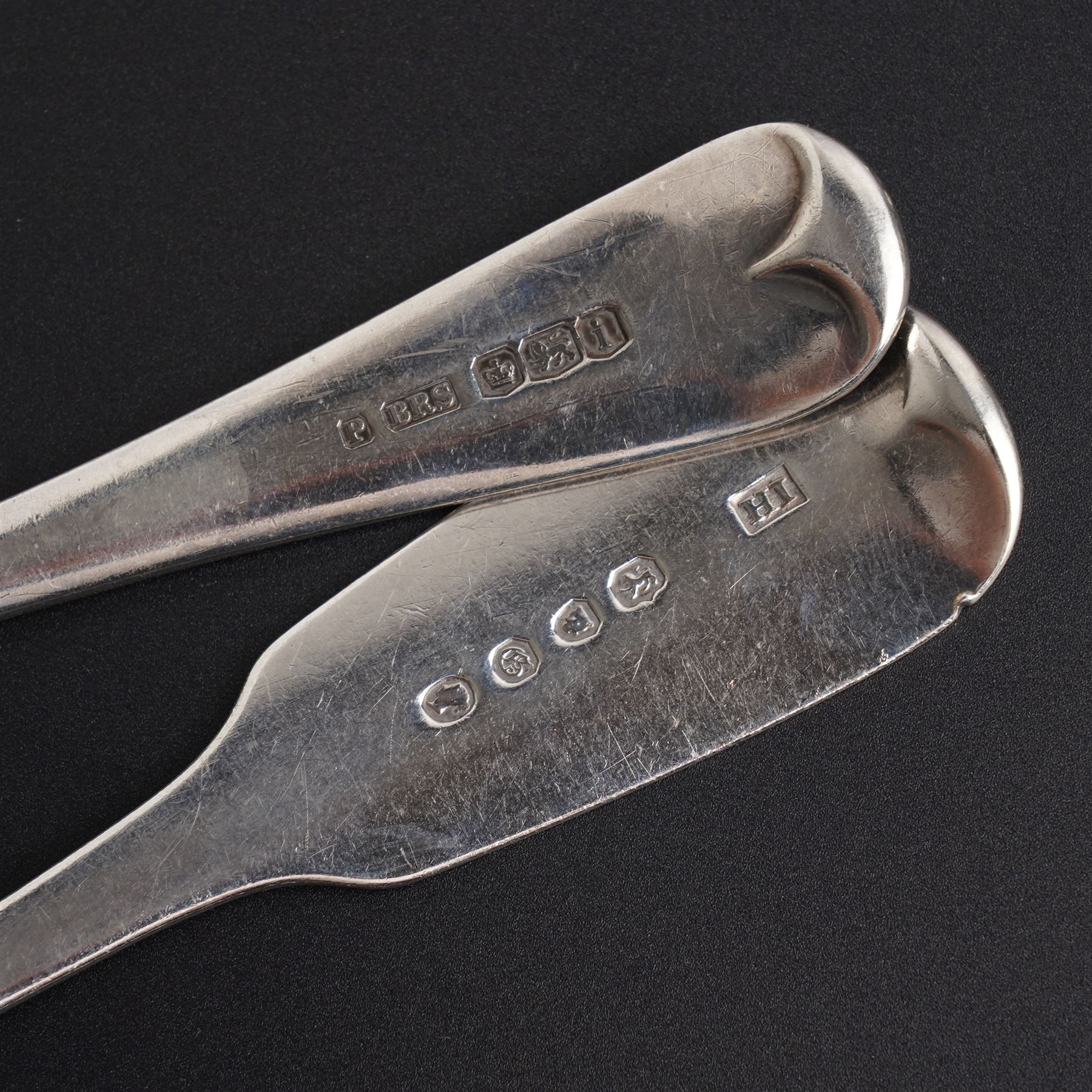 Pair of silver table spoons engraved with initials,  Sheffield 1926 Maker Pinder Bros. George III table spoon London 1803 and three other 19th century table spoons, various dates and makers