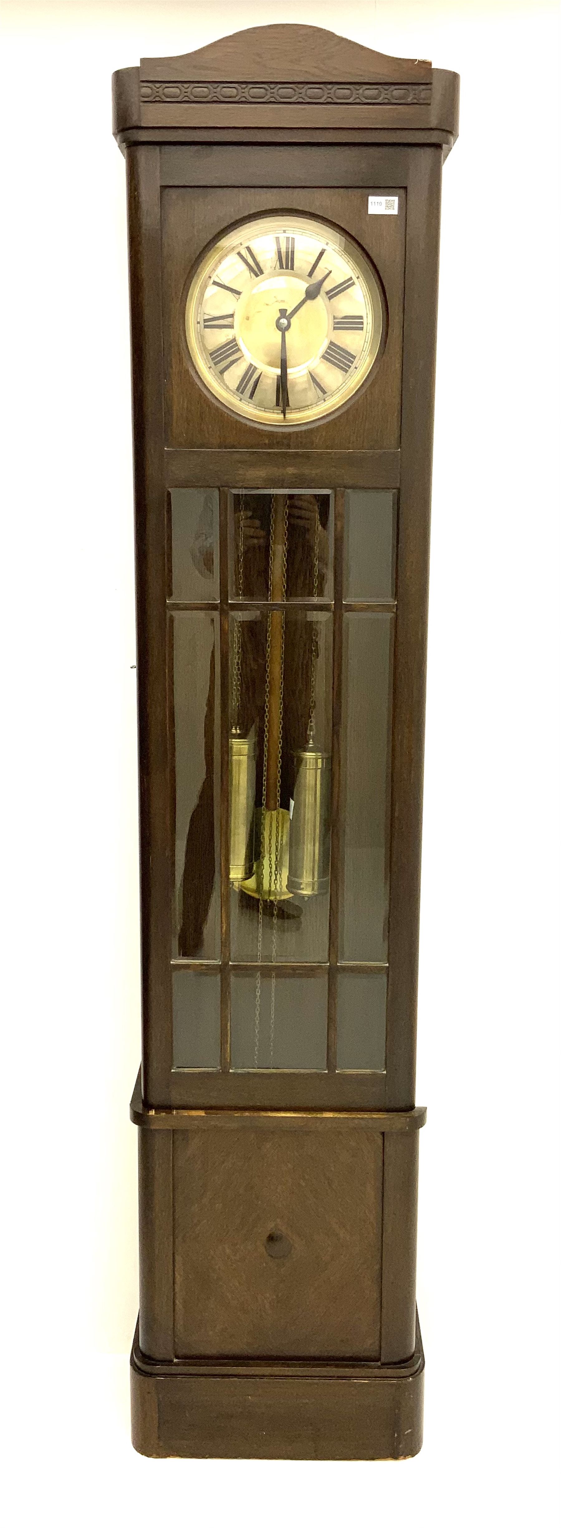 Early 20th century oak longcase clock, brass weight driven, bevelled glass viewing panes