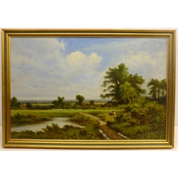  H East (British c1890-1920): Shepherds Resting, oil on canvas signed 48cm x 74cm  