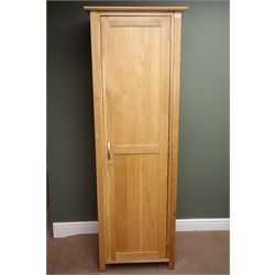  Light oak wardrobe, projecting cornice, single door enclosing hanging rail, stile supports, W66cm, H192cm, D59cm  