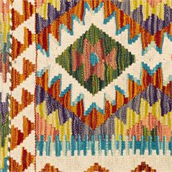 Two Chobi flatweave kilim runners with a repeating stepped diamond medallion design in live green, rust, teal, purple, and ivory, framed by chevron and geometric borders, (2)