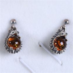Pair of silver amber hedgehog pendant earrings, boxed