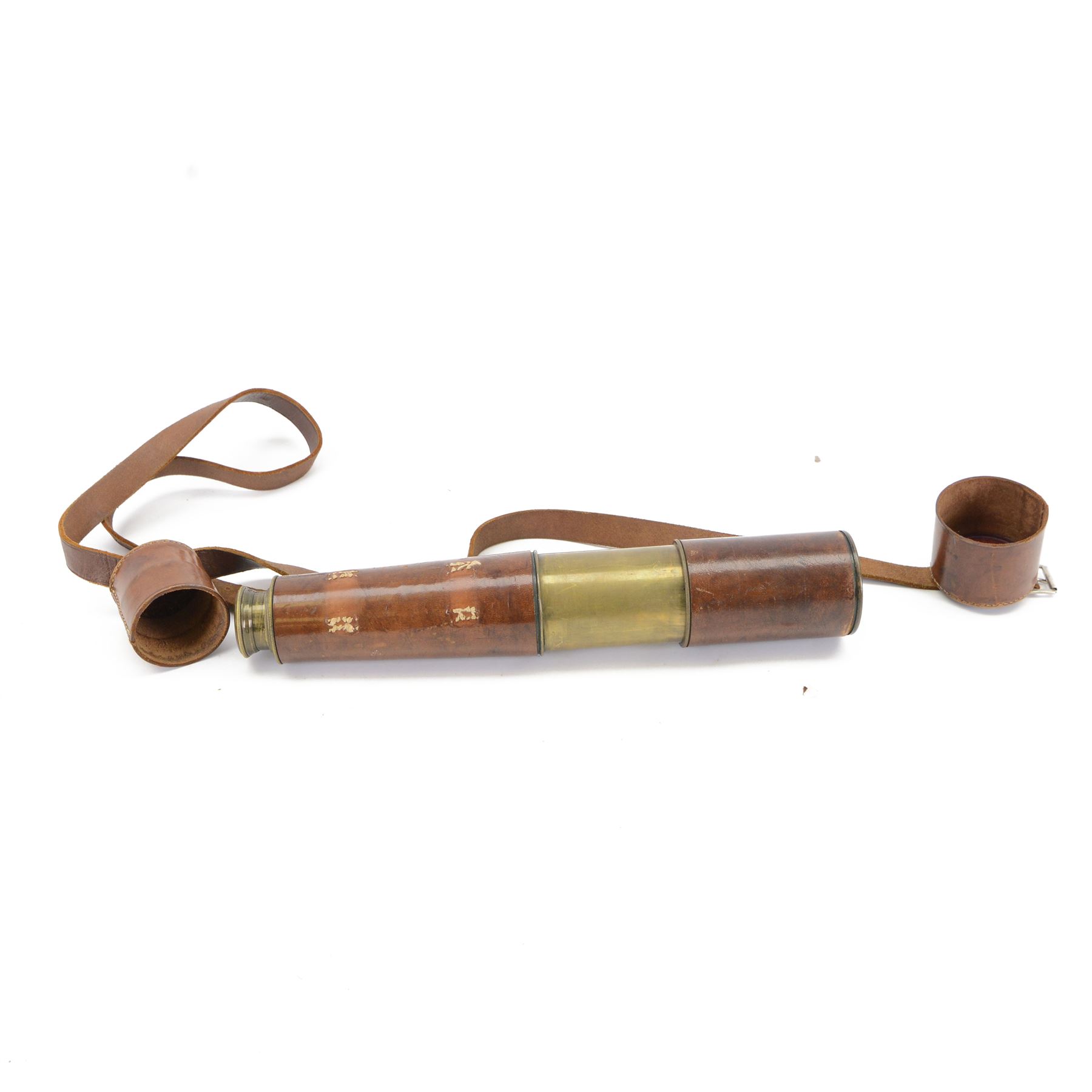 Early 20th century military issue three drawer brass telescope no. 34419 by R&J Beck Ltd London, incrisbed Tel. Sig Mk IV Also G.S, with tan leather clad body and caps, full length L92cm