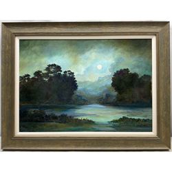 Bruce Kendall (British Contemporary): 'The Wizard Moon', oil on canvas board signed, titled verso 41cm x 59cm