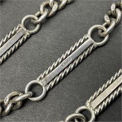 Silver curb link watch chain and two miniature propelling pencils with stone set seals
