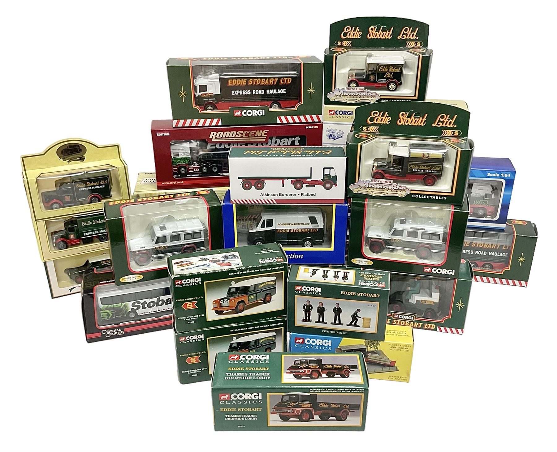 Corgi Eddie Stobart - eighteen promotional and advertising models including heavy haulage vehicles, coach, figures etc; and five others by Saico, Lledo and Atlas Editions; all boxed (23)
