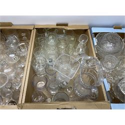 A large group of Victorian and later clear glassware, to include various cut glass, drinking glasses of various form, jugs, vases, bowls, etc. 