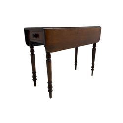 19th century mahogany drop leaf Pembroke table, drawer to end, on turned supports