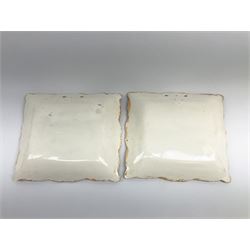 Two 19th century Sunderland orange lustre wall plaques, the first example inscribed Thou God Seest Me, the second example inscribed Prepare To Meet Thy God, H20cm L23cm.