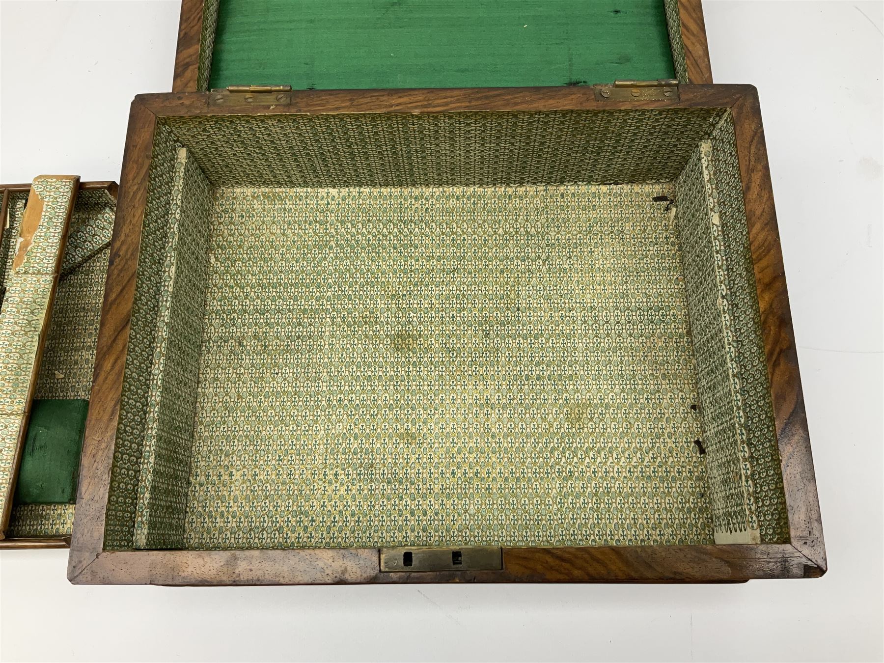 Victorian walnut sewing box, the hinged lid decorated with inlaid backgammon and cribbage board lifting to reveal lined compartmented interior with lift out tray