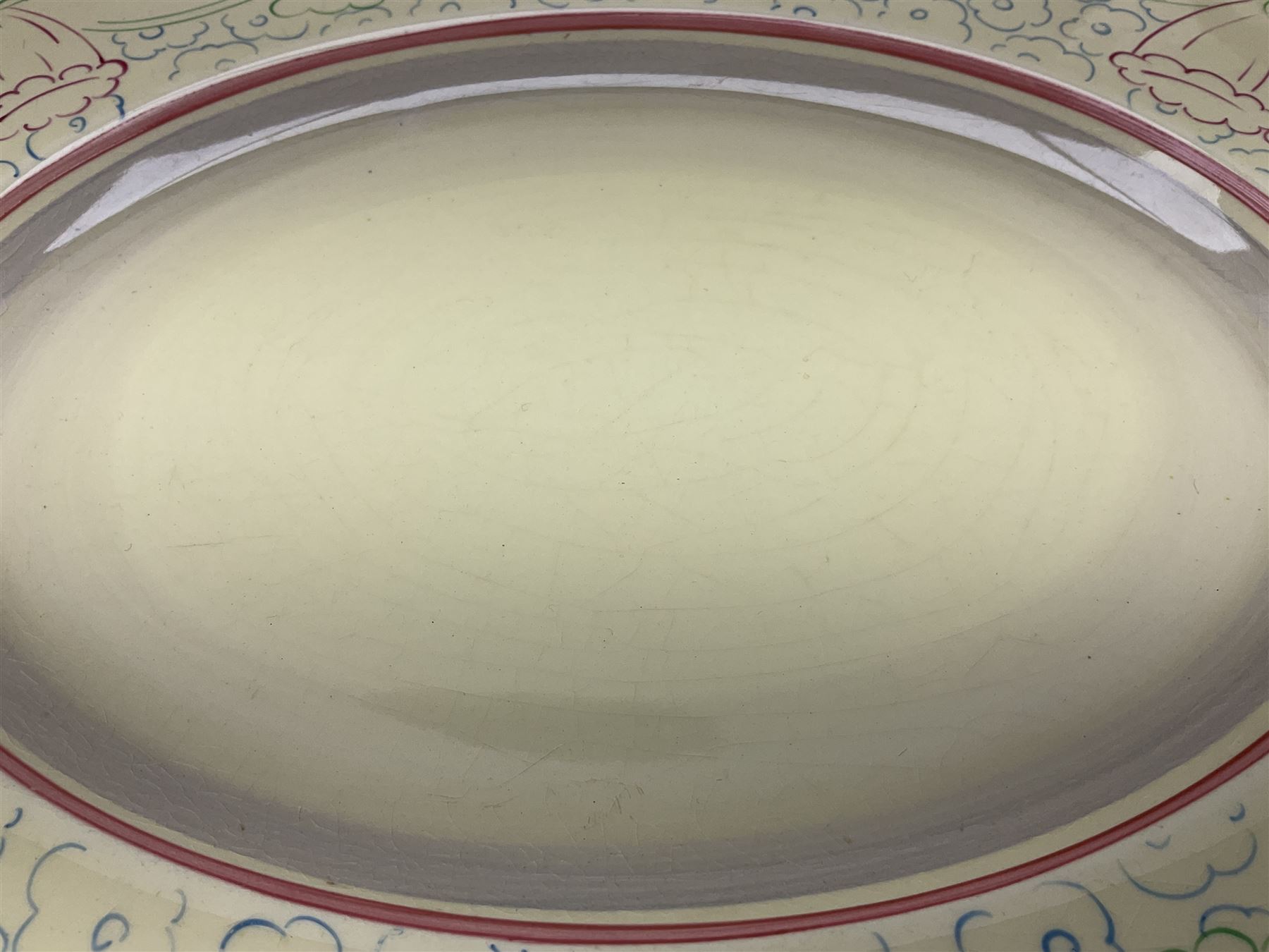 Clarice Cliff Biarritz part dinner set, circa 1930, for Royal Staffordshire, of rectangular form, decorated with bluebells, to include one serving plate, six dinner plates, three side plates, etc, printed mark beneath with reg no 784849 (17)