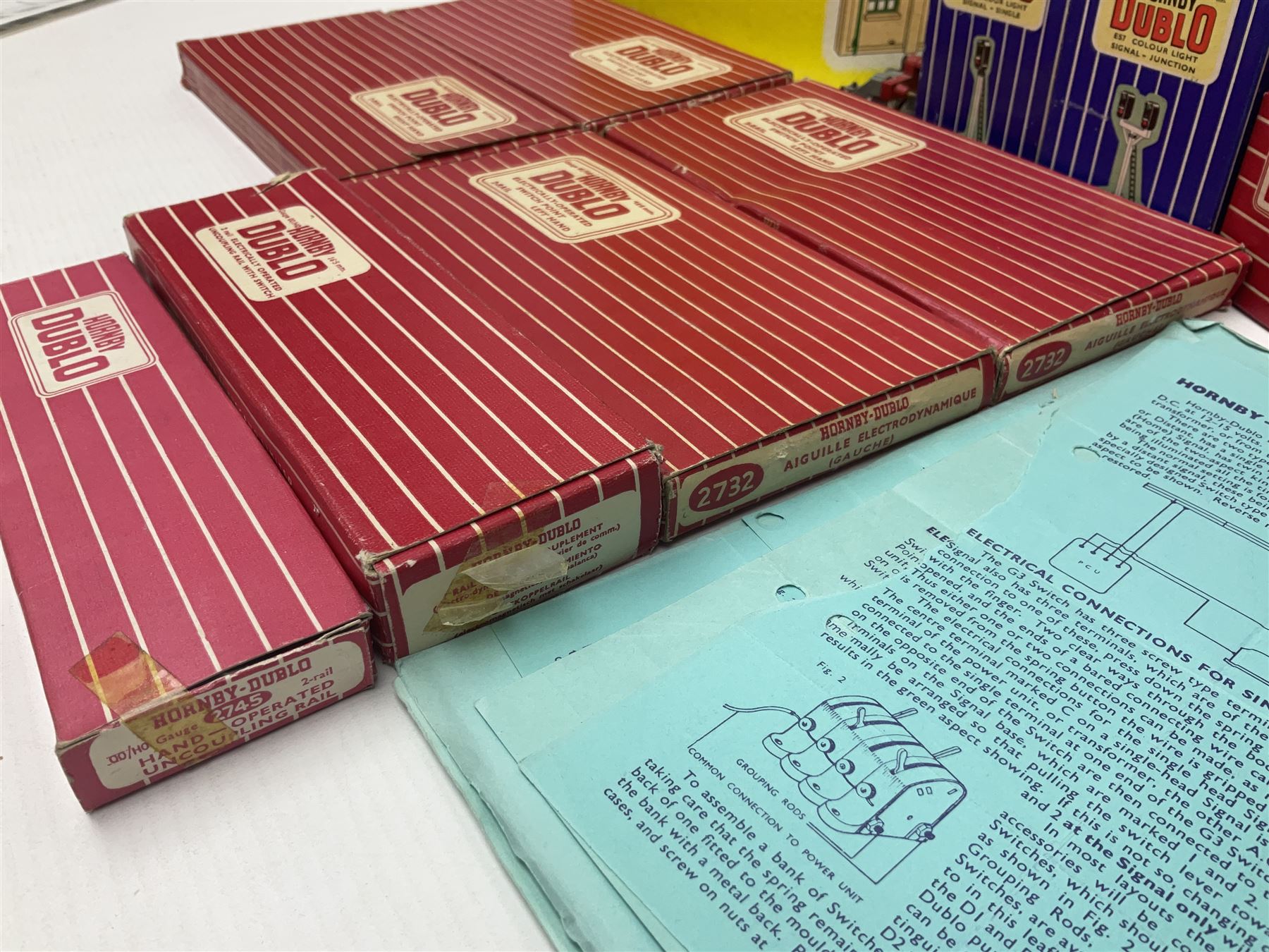 Hornby Dublo - 2-rail, 2400 TPO Mail Van Set; Engine Shed Kit - 2-Road (with additional empty box); four electrically operated switch points; uncoupling rails; buffer stops; three signals; loading gauge etc; all boxed