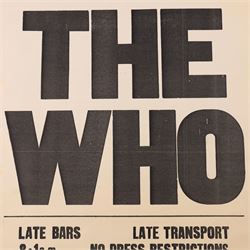 The WHO original concert poster - A Fillmore North Promotion Top Rank Suite, Sunderland, Friday 7th May, 1971, H76cm, W50cm

Provenance by vendor repute: poster was originally owned by James 'Happy' Hubbard, The WHO's chief lighting technician during the late 1960s to the early 1980s. He received three from the venue after the gig. 