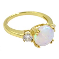 Silver-gilt three stone opal and cubic zirconia, stamped 925 