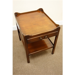  George lll style mahogany two-tier lamp table by G T Rackstraw, tray top with single drawer on square supports joined by a galleried undertier, L61cm, D51cm, H63cm  
