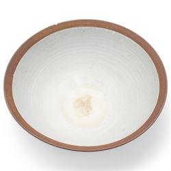 David Lloyd Jones (1928-1994); large studio pottery stoneware bowl, in speckled grey glaze with irregular iron rim, impressed mark to base, D32cm 