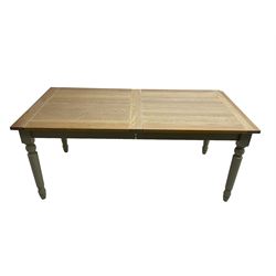 Neptune - 'Suffolk' 8-12 seat extending dining table, rectangular oak with breadboarded ends, on light grey finish base with turned supports, three additional leaves