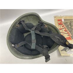Bakelite cased Megger Insulation tester, by Evershed and Vignoles Ltd, Acton Lane Works, Chiswick, London W4, RW Munro Ltd air speed knots gauge, American green army helmet, The War Illustrated, WW2 aircraft photographic postcards, etc