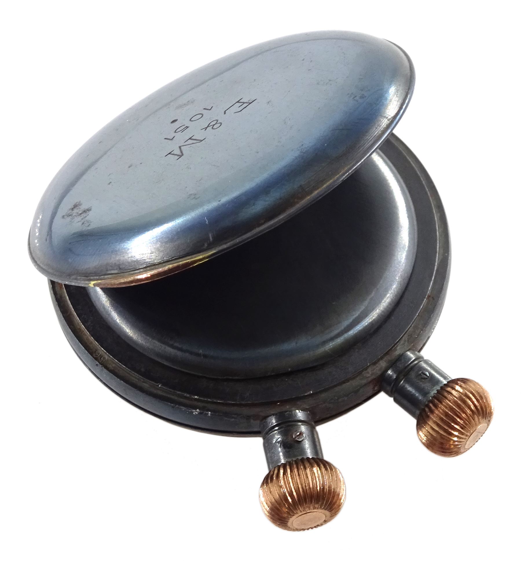Semikrograph military gun metal 1/50 second stop watch, patent No.73392/93,  back case stamped E & M 1051, inner case stamped 83905, movement No. 6050