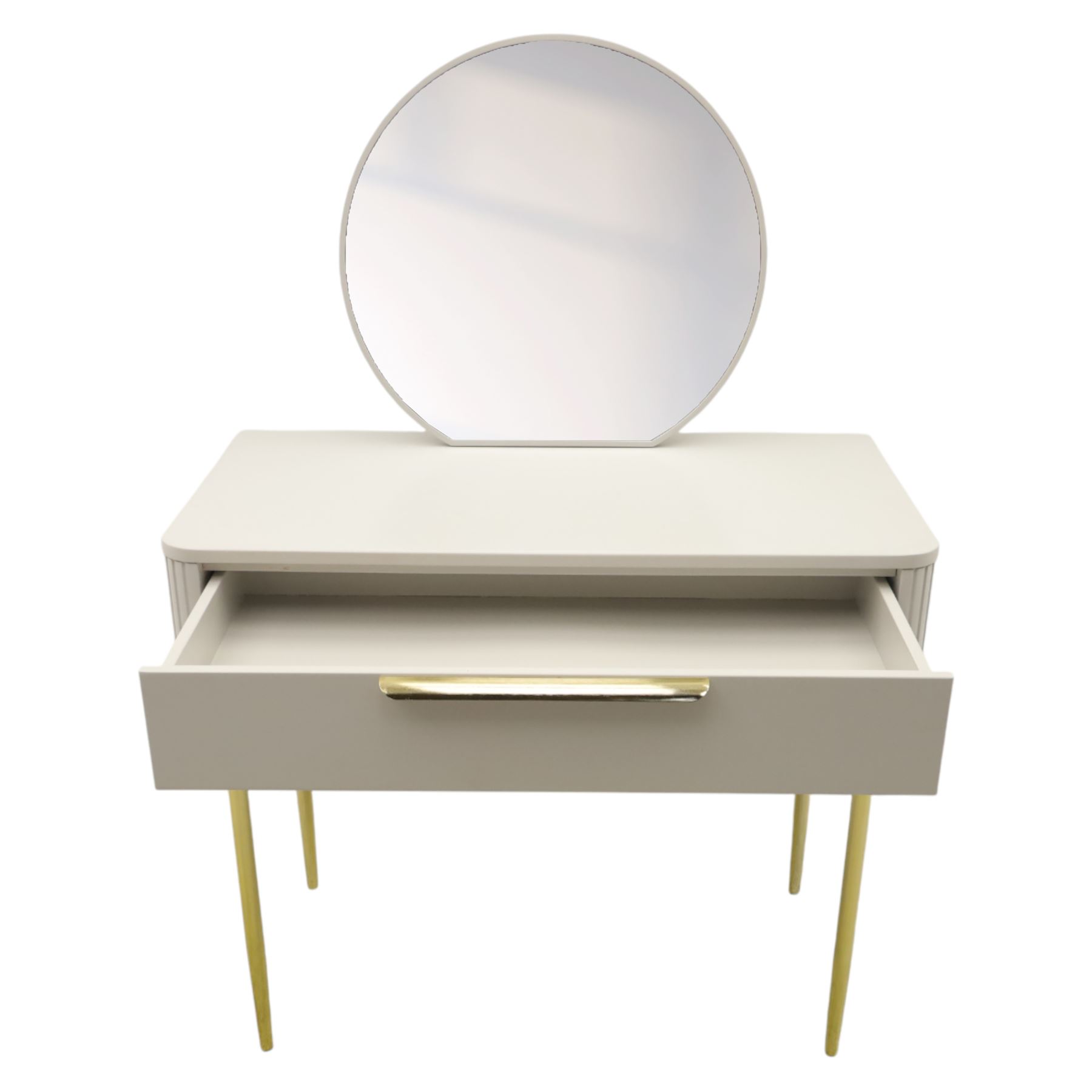 Made.com - Ebbo grey dressing table with mirror, single drawer with gold painted metal shaped handles, rounded corners with fluted detail, raised on gold painted metal tapered supports (Height from floor to underside 62cm)