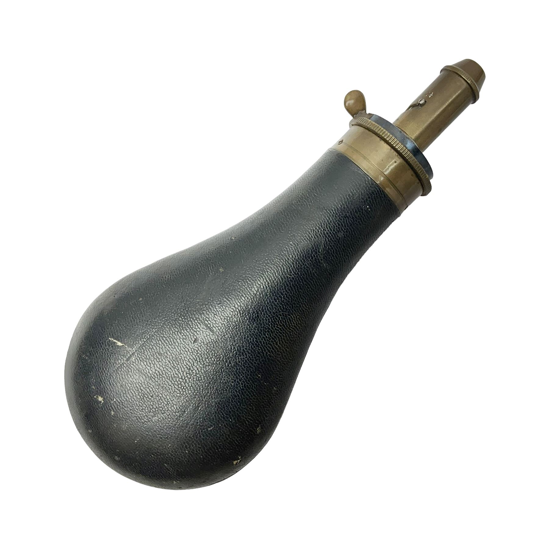 19th century James Dixon & Sons leather covered powder flask with patent action adjustable shot measure to dispense 2 1/4 - 3 drams; marked Parker Hale Ltd. Birmingham England L20cm