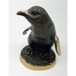 A cold painted model of a Kingfisher surmounted upon a branch surporting a small clear glass bowl, H10.5cm, together with a small bronze model of a penguin, stamped EWB, H7cm. 