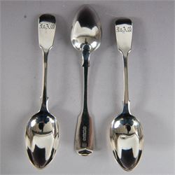 Set of twelve Victorian Exeter silver Fiddle pattern teaspoons, all with engraved initials to terminal, hallmarked Josiah Williams & Co, Exeter 1860, contained within tooled leather case with burgundy silk and velvet lined interior