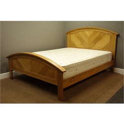  Light oak 5' kingsize bed, panelled head and footboard, with mattress   
