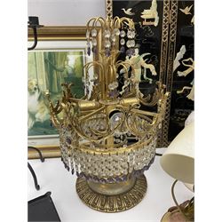 Soapstone table lamp, with carved floral stem, together with three other table lamps, metal candelabra and candlestick, Charles Burton Barber framed print and a Chinese table screen etc 