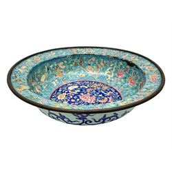 18th/19th century Chinese Canton enamel basin, the circular basin with flat everted rim, decorated with scrolling foliate and fruit decoration on a blue ground, D43cm