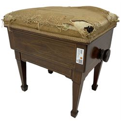 Edwardian inlaid mahogany piano stool, upholstered adjustable seat, inlaid with geometric boxwood stringing, on square tapering supports with spade feet