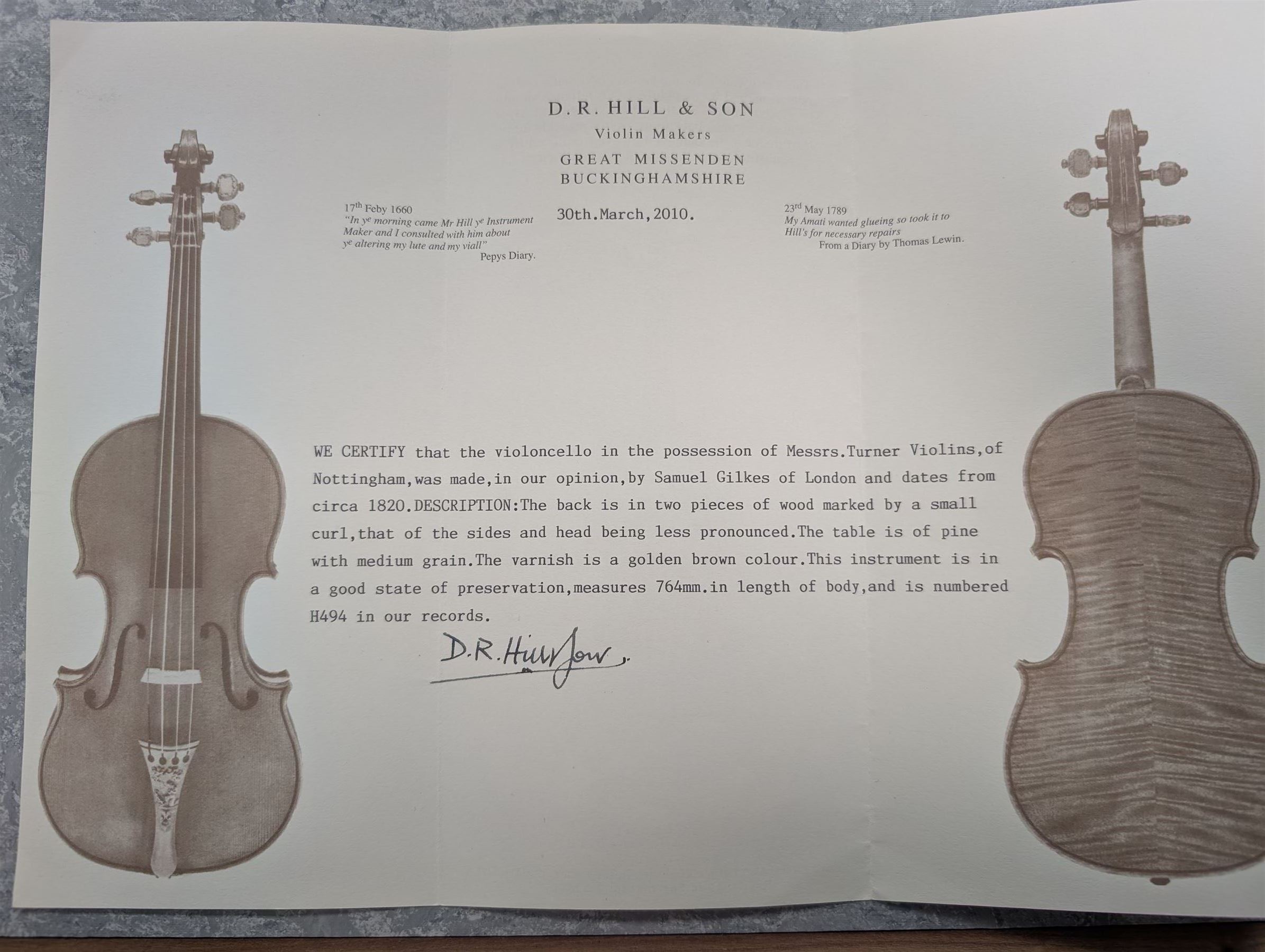 Early 19th century English cello by Samuel Gilkes of London, circa 1820, with two piece back and pine table finished in a golden brown varnish, certificate of authenticity from D.R Hill & Son, Buckinghamshire, numbered H494 in their records, in Hiscox hard case, with two horse hair cello bows, the first an English example stamped Ferranda Millars Liverpool, the second a German example stamped R. Paesold, both with ebonised mother of pearl/abalone frogs and ivory tip plates
This item has been registered for sale under Section 10 of the APHA Ivory Act